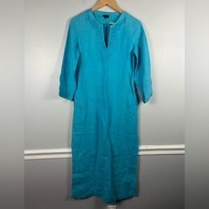 Talbots Linen Long Maxi Dress Embroidered Neckline Pockets Side Slits Size 4 Pet